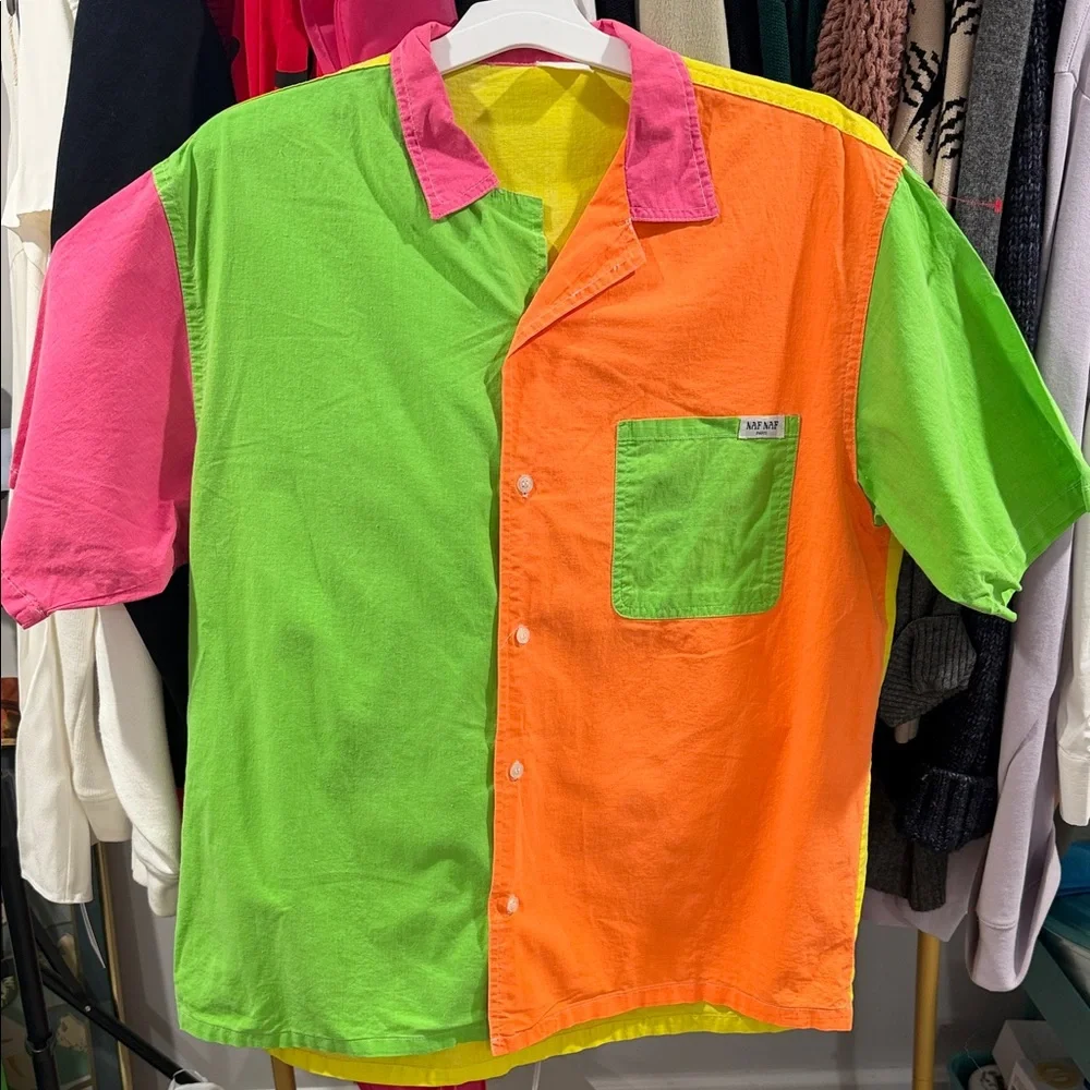 Naf Naf Paris Neon Colorblock Short Sleeve Shirt - Pink Green Orange - Picture 1 of 6
